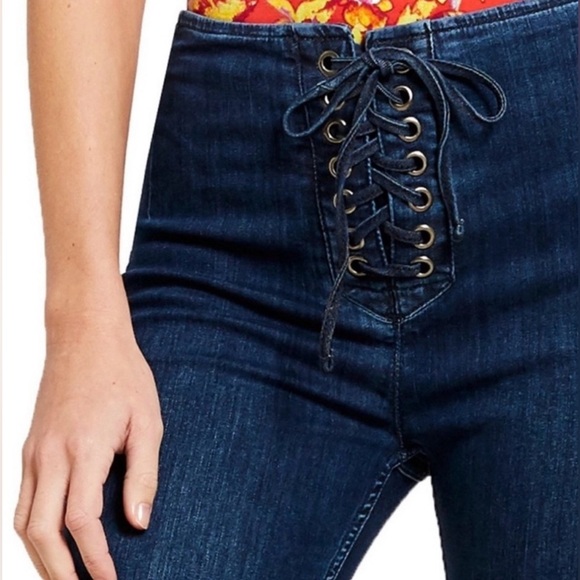 Free People Denim - Free People|FP dark wash lace front skinny jeans,tie waist•••Adorable y2k boho